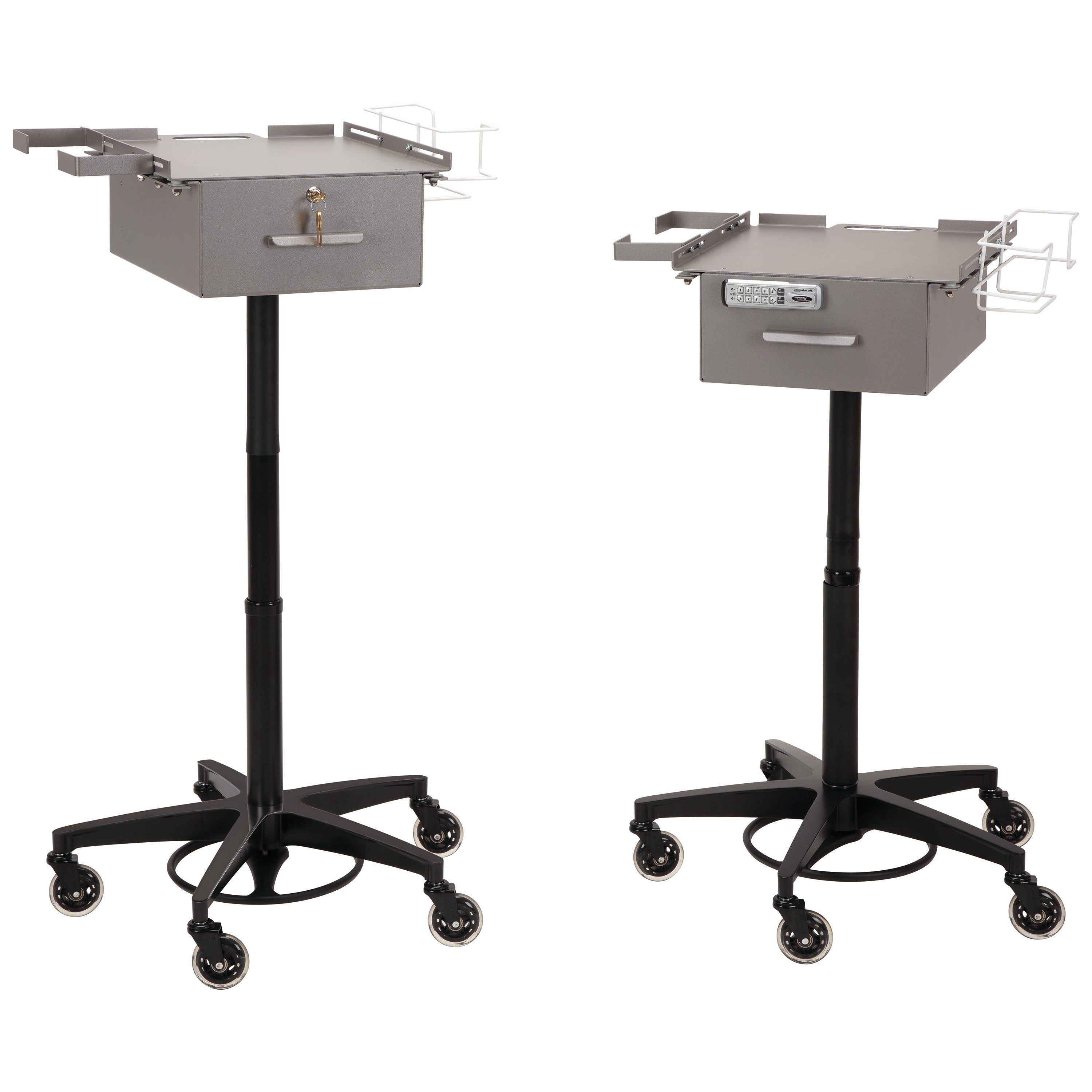 Two AliMed Single Drawer Phlebotomy Carts with lockable drawers and wire organizer trays stand on wheeled bases for mobility.