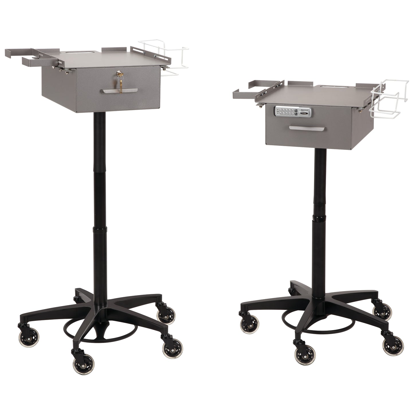 Two AliMed Single Drawer Phlebotomy Carts with lockable drawers and wire organizer trays stand on wheeled bases for mobility.
