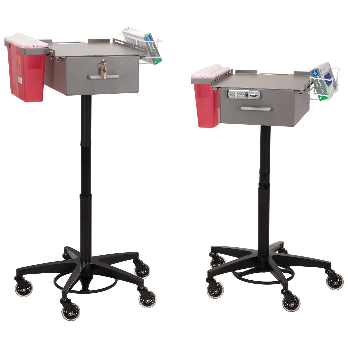 Two AliMed Single Drawer Phlebotomy Carts with attached sharps containers and glove holders on wheels, one with a lock, the other with a keypad.