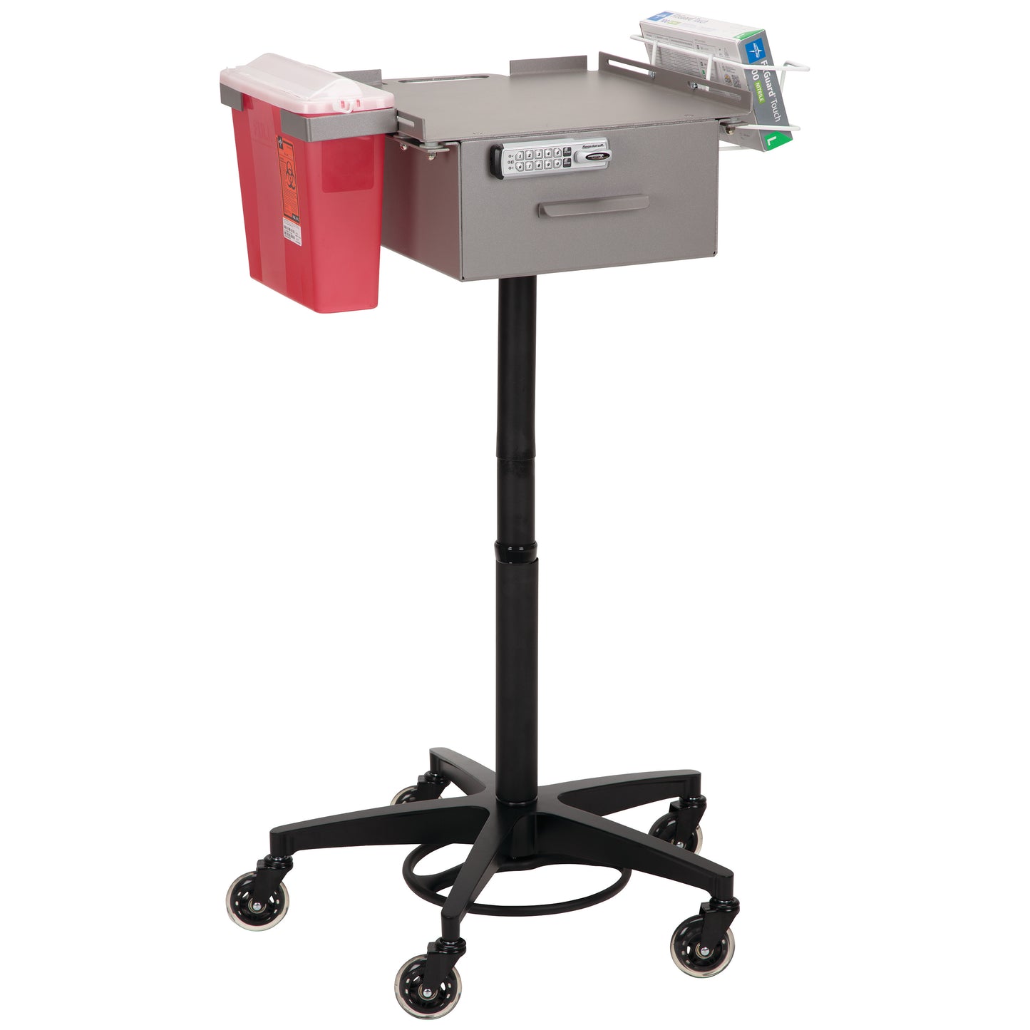 The AliMed Single Drawer Phlebotomy Cart features a lockable drawer, red sharps container, box holder, and five caster wheels.