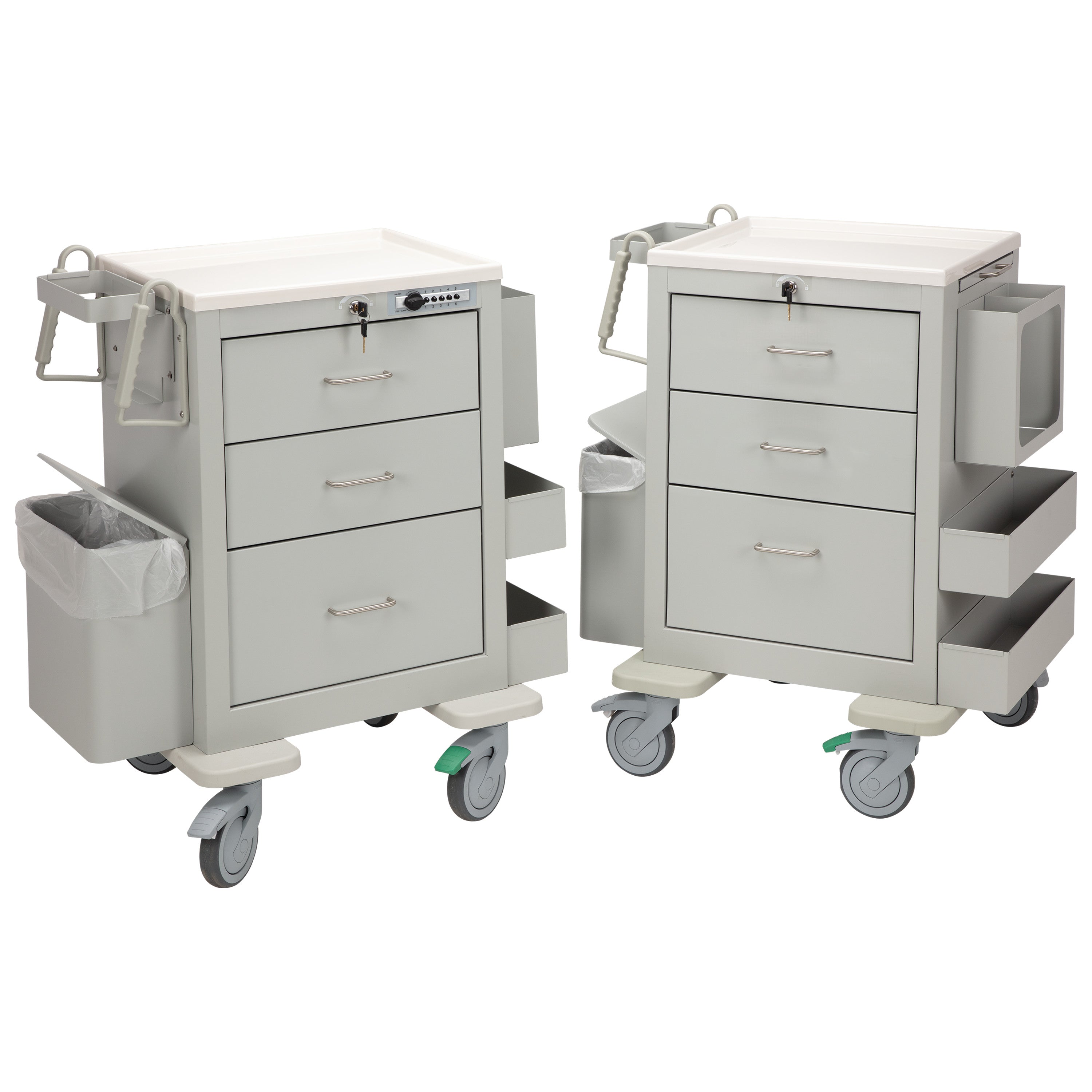 Two AliMed 3-Drawer Phlebotomy Carts with lockable drawers, side bins, integrated trash cans, and swiveling wheels are displayed.