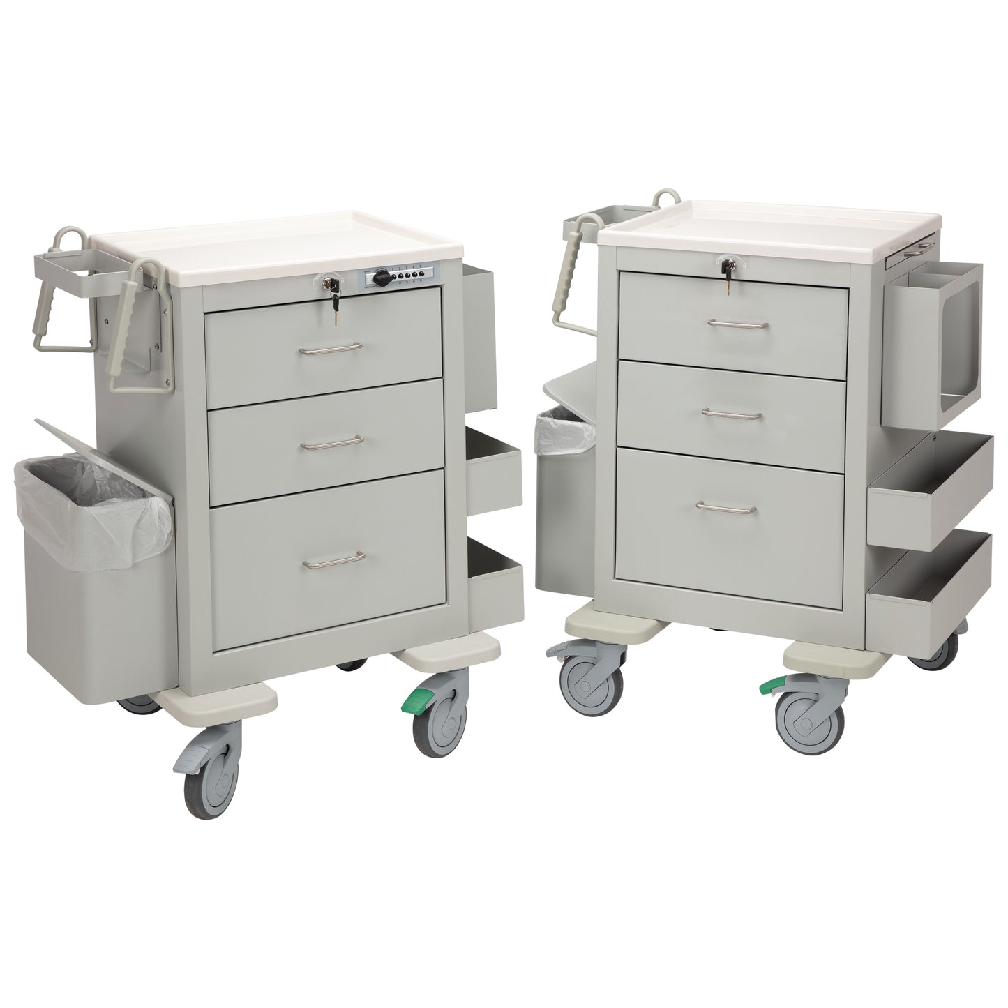 Two AliMed 3-Drawer Phlebotomy Carts with lockable drawers, side bins, integrated trash cans, and swiveling wheels are displayed.