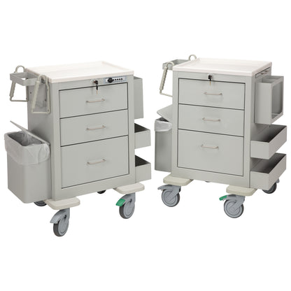 Two AliMed 3-Drawer Phlebotomy Carts with lockable drawers, side bins, integrated trash cans, and swiveling wheels are displayed.