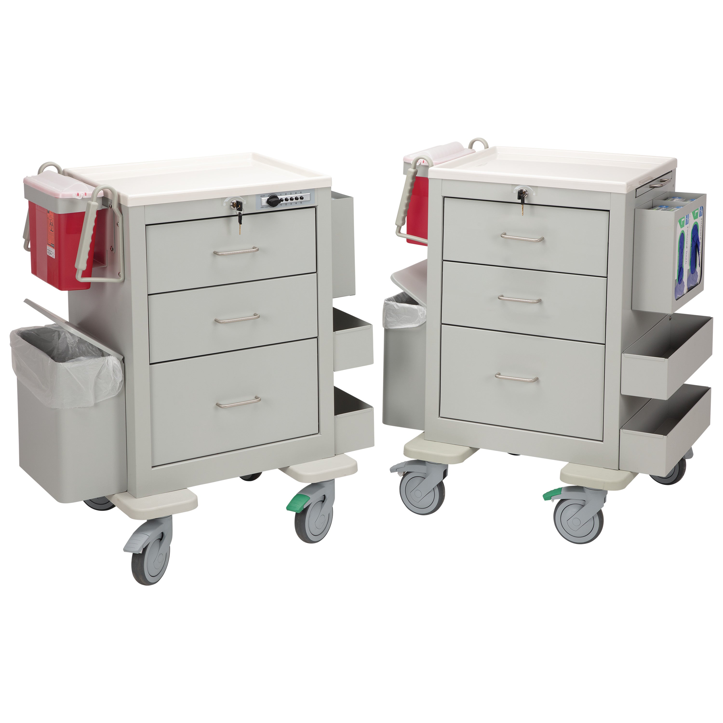 Two AliMed 3-Drawer Phlebotomy Carts with locking drawers, side bins, waste containers, and needle disposal units on wheels.