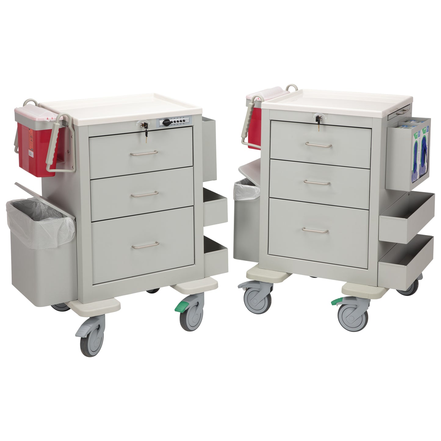 Two AliMed 3-Drawer Phlebotomy Carts with locking drawers, side bins, waste containers, and needle disposal units on wheels.