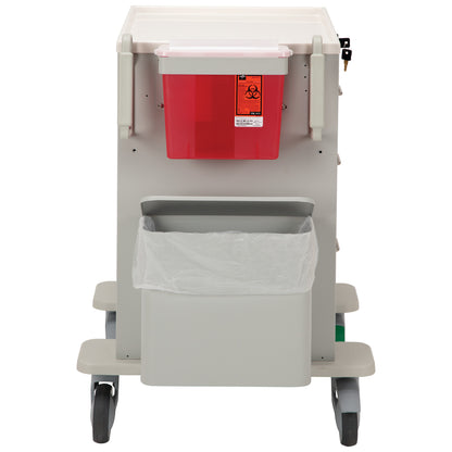 AliMed 3-Drawer Phlebotomy Cart with a red biohazard container and a trash bin attached to the back, featuring wheels for mobility.