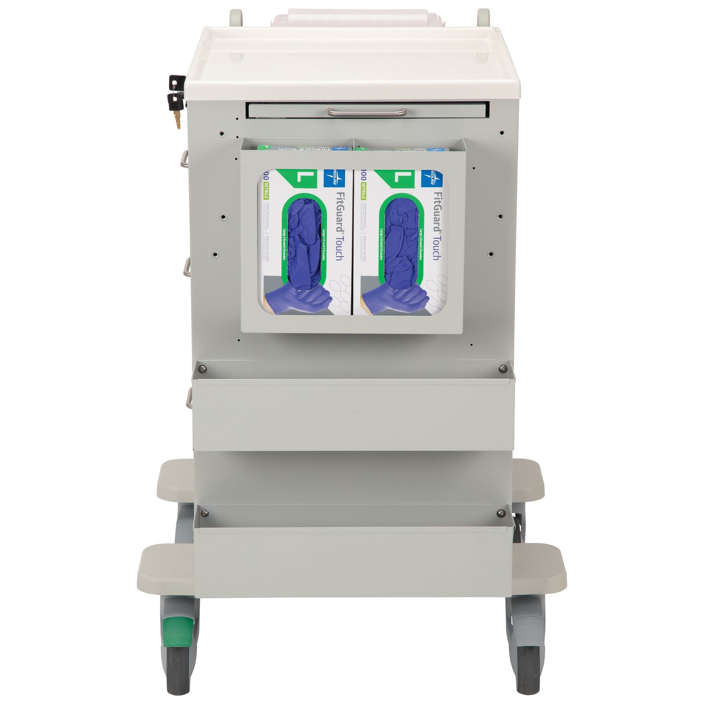AliMed 3-Drawer Phlebotomy Cart with two boxes of FitGuard Touch gloves attached to the front, featuring wheels and a handle.