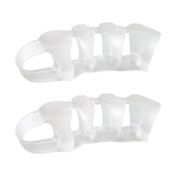 Transparent PediFix Visco-GEL 5-ToeBuddy Pair, toe separators designed to align and cushion toes, sits on a white background.
