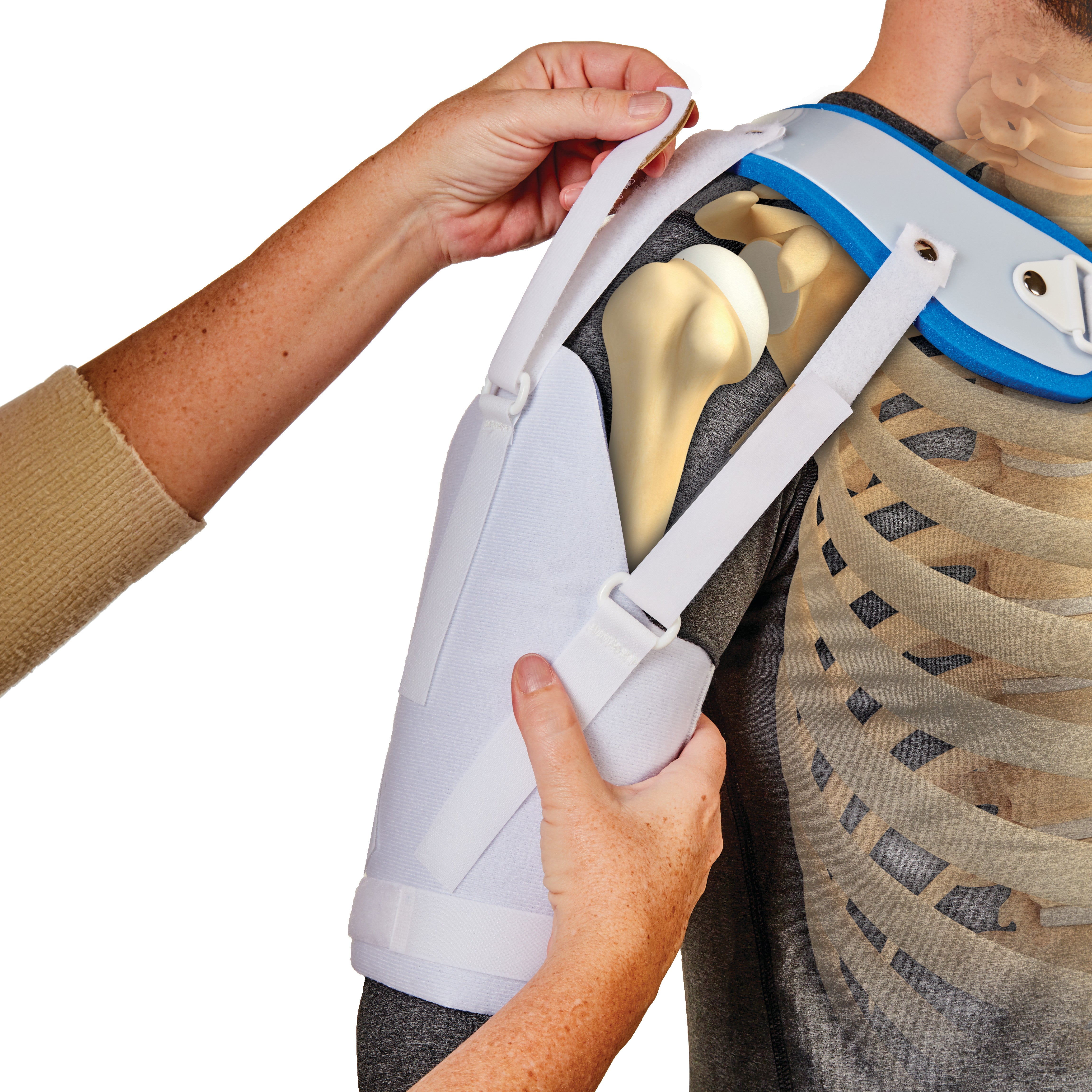 An AliMed Hemi-Shoulder Sling being fitted on a person's shoulder, illustrating its support function with an anatomy overlay.
