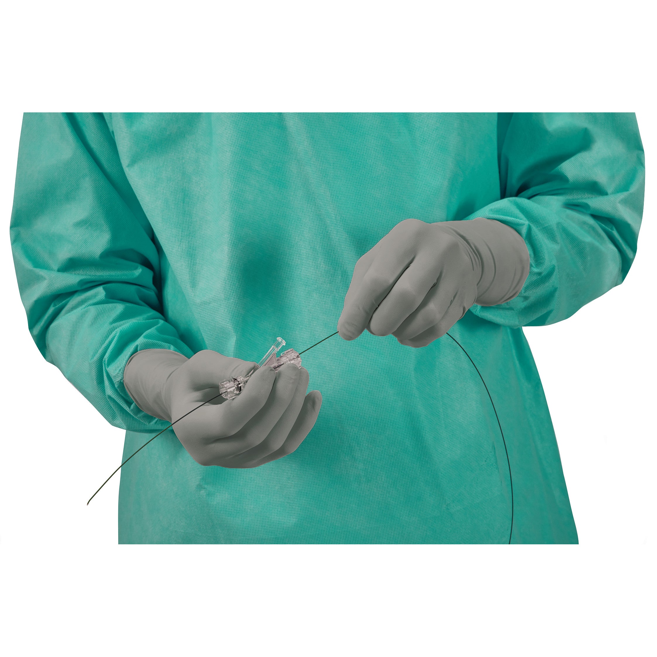 A person wearing a green surgical gown uses AliMed AliGuard Radiation Attenuation Gloves to handle a thin medical wire.