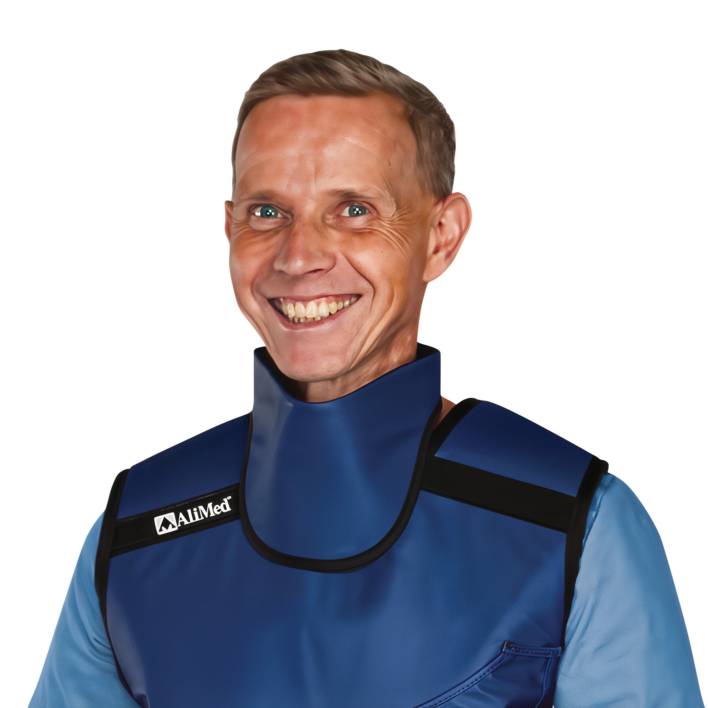 A smiling person wears an AliMed Grab n Go Thyroid Shield. The shield is blue with black trim and has a logo on it.