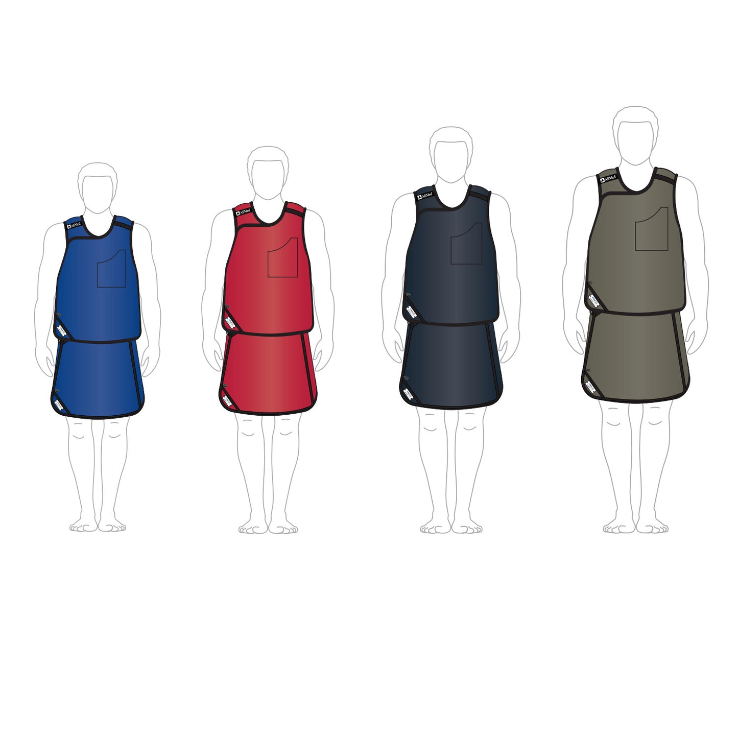 Four male figures wearing AliMed Grab n Go Vest and Kilt Sets in blue, red, dark gray, and gray. Each set has a pocket.