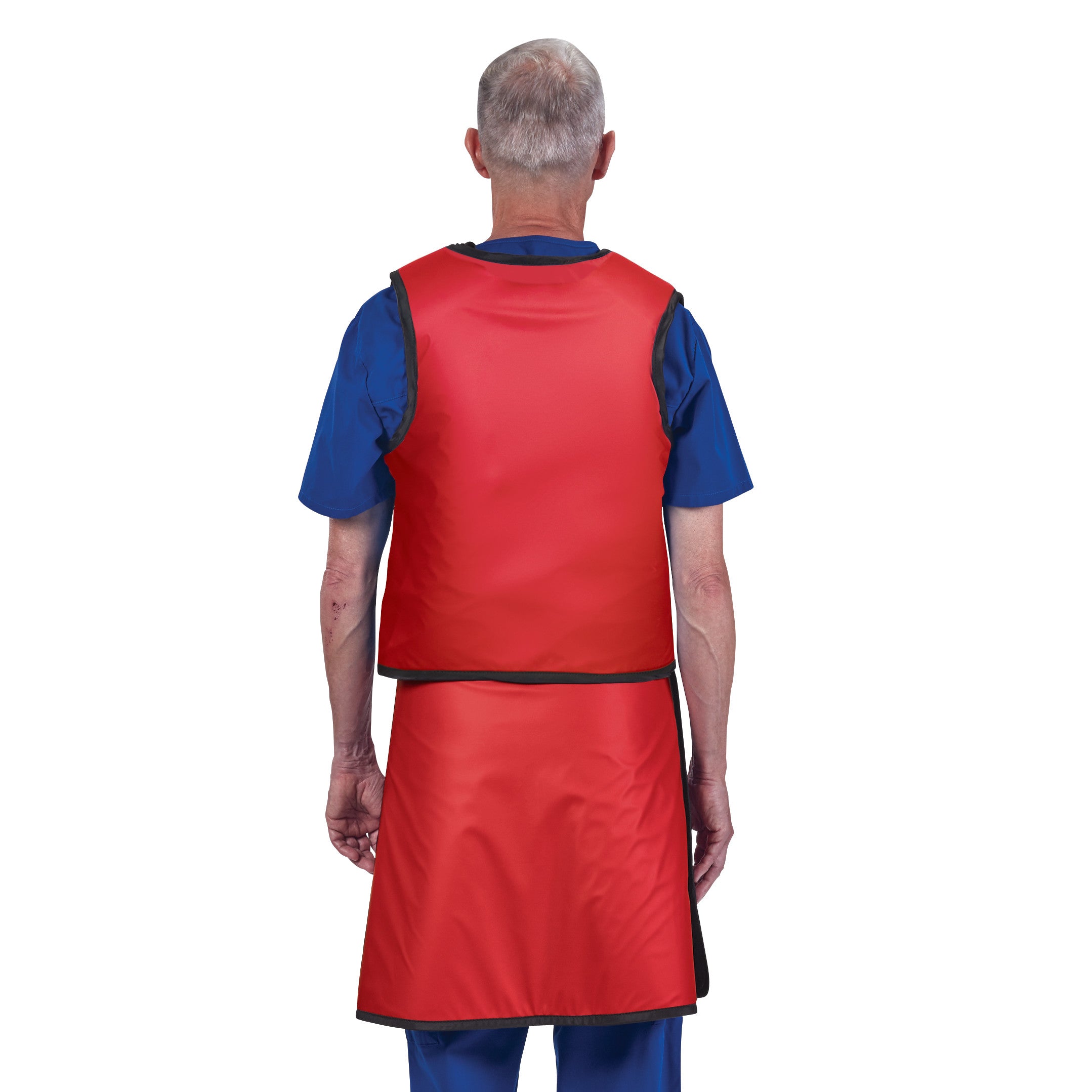 A man wears an AliMed Grab n Go Vest and Kilt Set, Male, in red with black trim, viewed from the back against a white background.