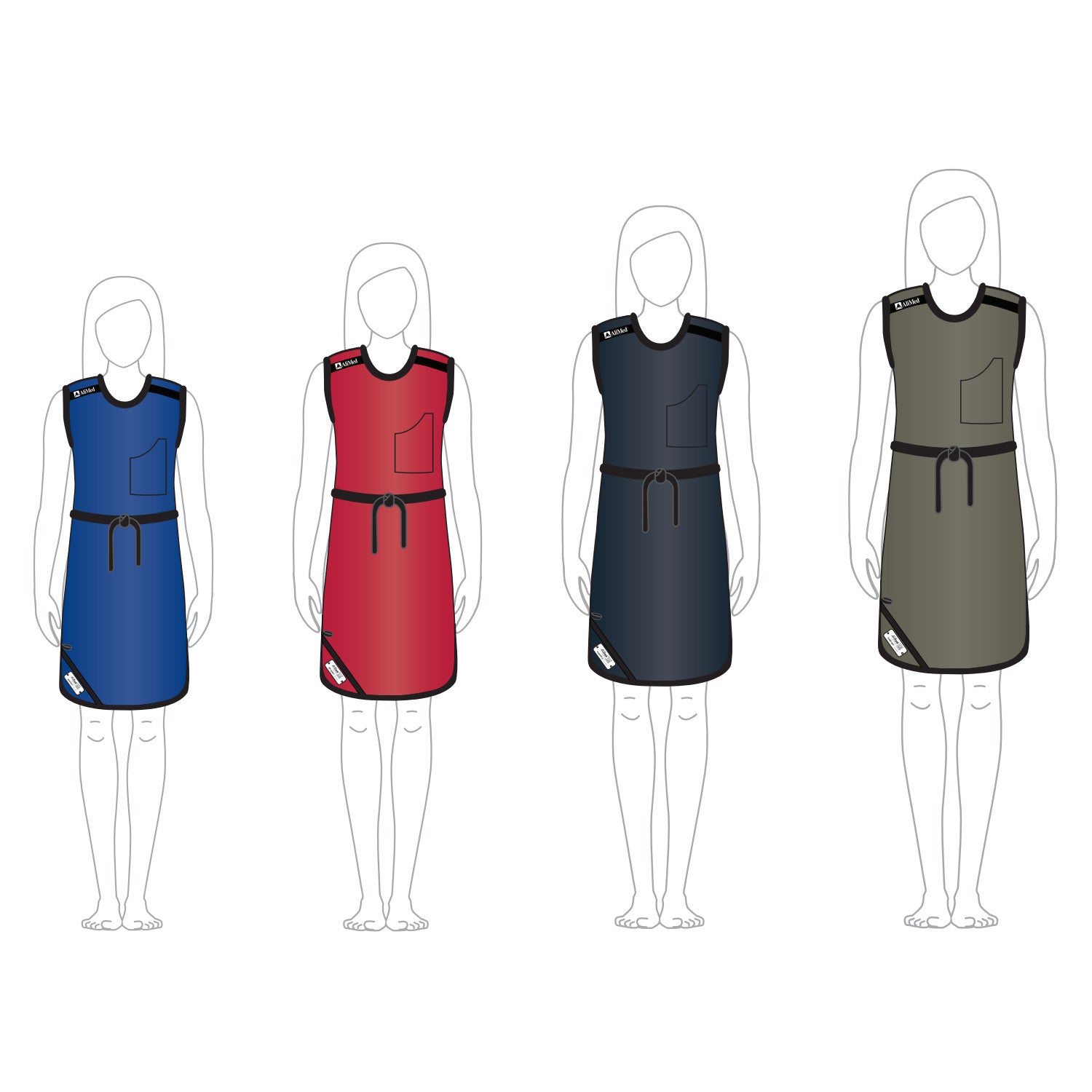 Four illustrations of the AliMed Grab n Go Tie Apron, Female, in blue, red, navy, and gray. They have pockets and black ties.