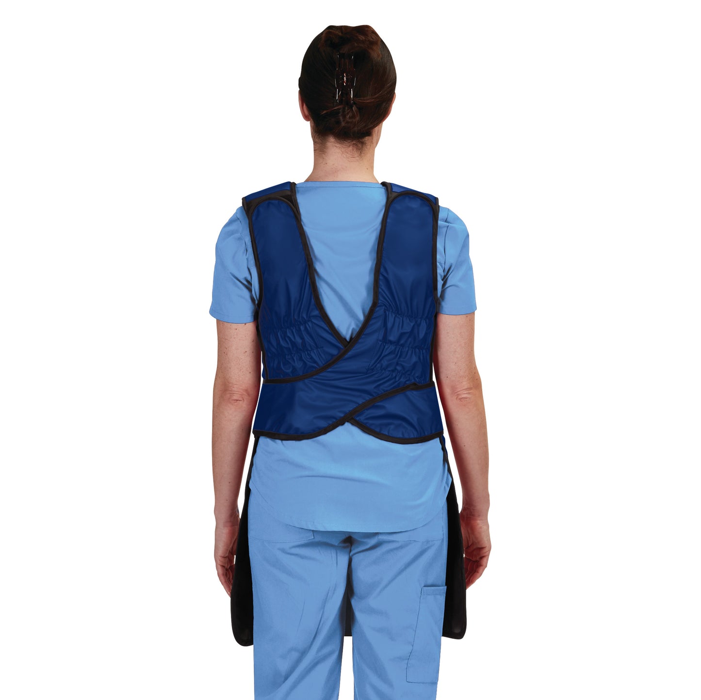 Rear view of a person wearing the AliMed Grab n Go 4-Point Quick Drop, Female. It features a blue protective vest over scrubs.