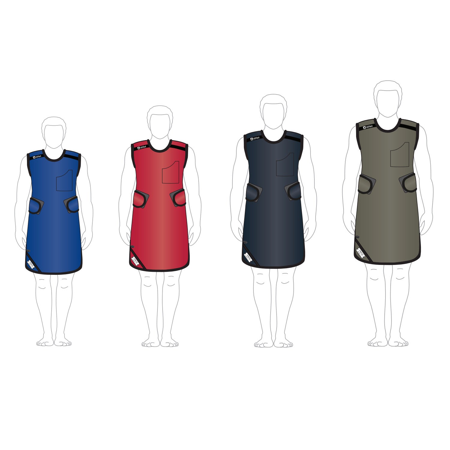 Four illustrations of the AliMed Grab n Go 4-Point Quick Drop Apron for males in blue, red, black, and gray.