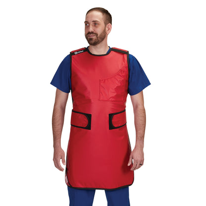 Man wears AliMed Grab n Go 4-Point Quick Drop Apron, Male in red over blue scrubs, designed for easy removal.