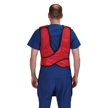 Man wearing an AliMed Grab n Go 4-Point Quick Drop Apron, Male, in red and black, viewed from the back over blue scrubs.