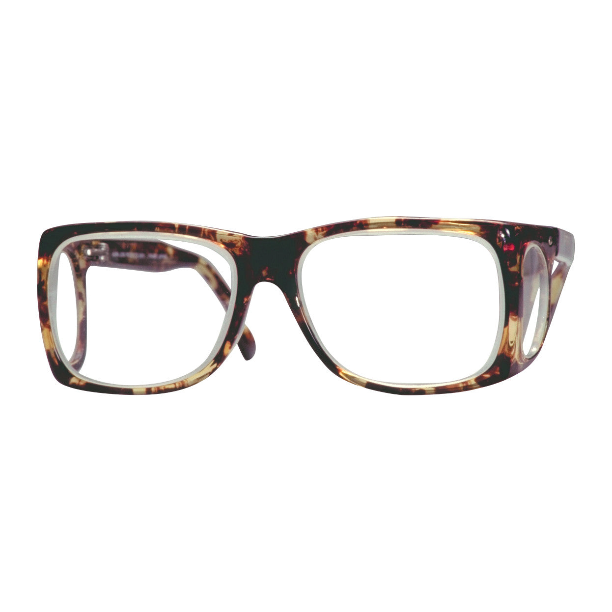 AliMed Wraparound Radiation Protection Readers, Bifocals feature a tortoiseshell frame with rectangular lenses for eye protection.