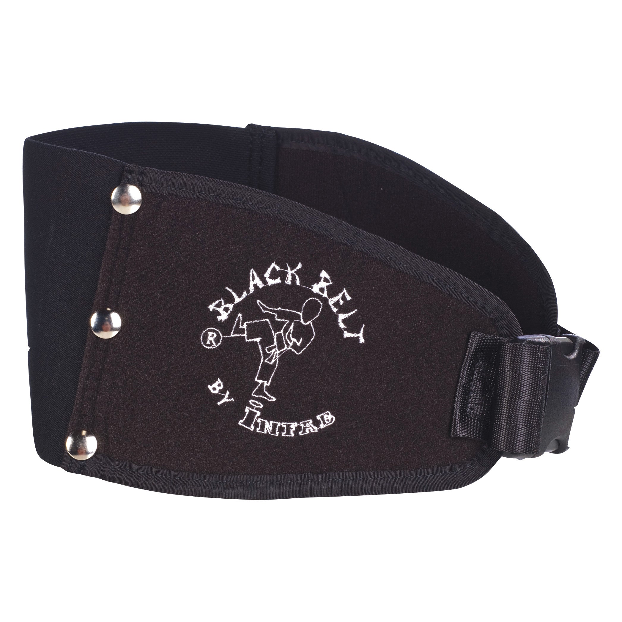 A "Black Belt" lumbar support belt with a martial arts logo, secured by rivets and a buckle.