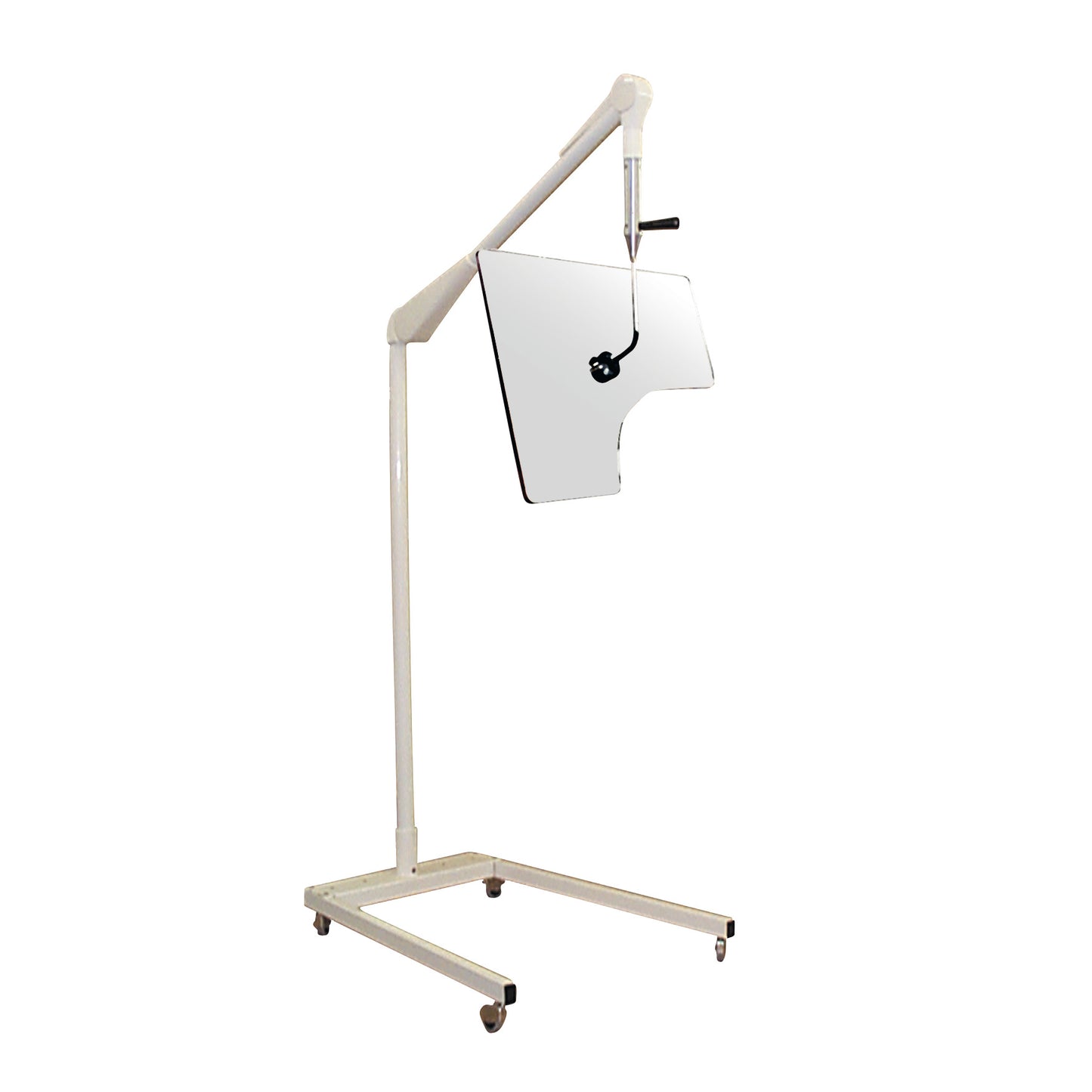 Adjust-A-Height Pivoting Over-Table Barrier with a clear shield on a mobile, height-adjustable stand with wheels.