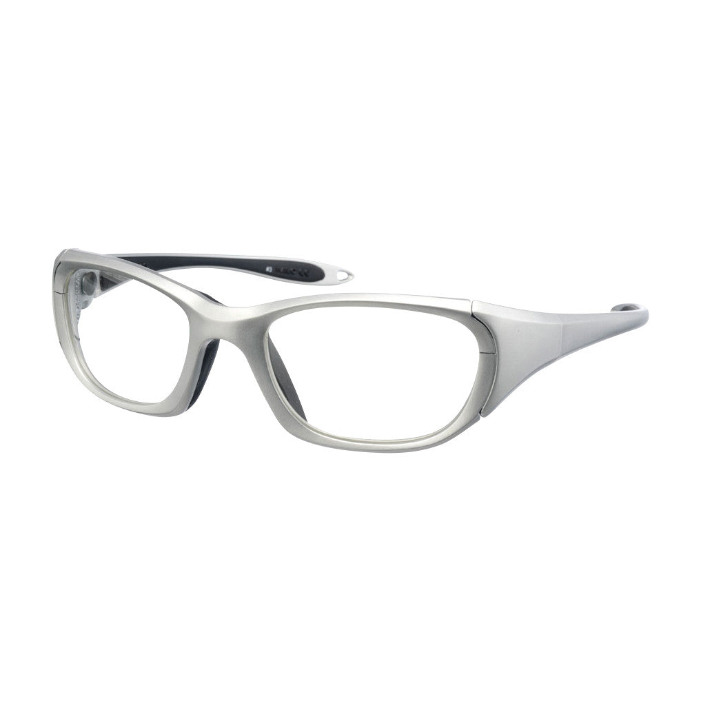UltraSoft Radiation Protection Eyewear with sleek, full-frame design in matte silver, featuring clear lenses and wide temples.