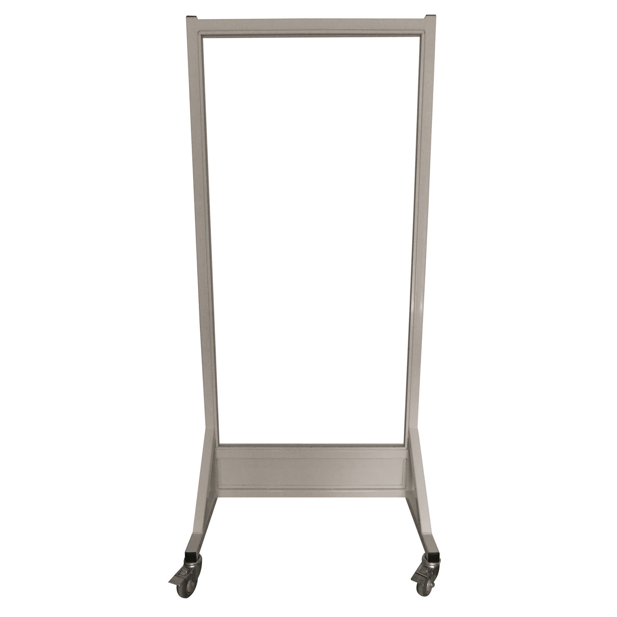 A Phillips Safety Mobile Lead Glass Barrier with a rectangular frame and four wheels, designed for mobility and protection.