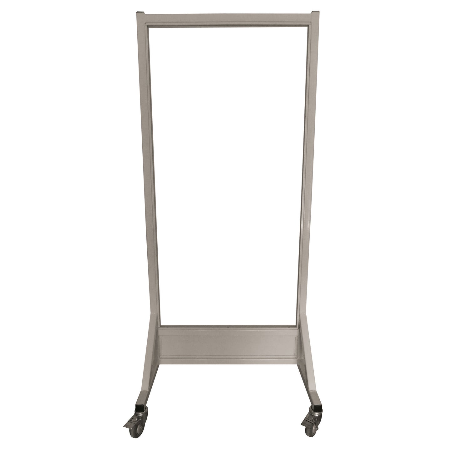 A Phillips Safety Mobile Lead Glass Barrier with a rectangular frame and four wheels, designed for mobility and protection.