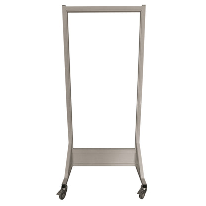 A Phillips Safety Mobile Lead Glass Barrier with a rectangular frame and four wheels, designed for mobility and protection.