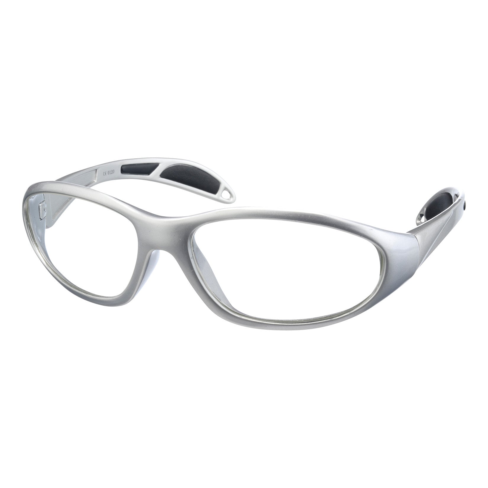 Ultralite Wraparound Radiation Protection Glasses with a silver frame and black padding on the inner arms.