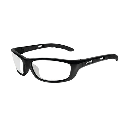 Wiley X P-17 Wraparound Radiation Protection Glasses; black frame with clear lenses, featuring a wraparound design.