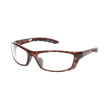 Wiley X P-17 Wraparound Radiation Protection Glasses in tortoiseshell frame, featuring clear lenses and side logo detail.
