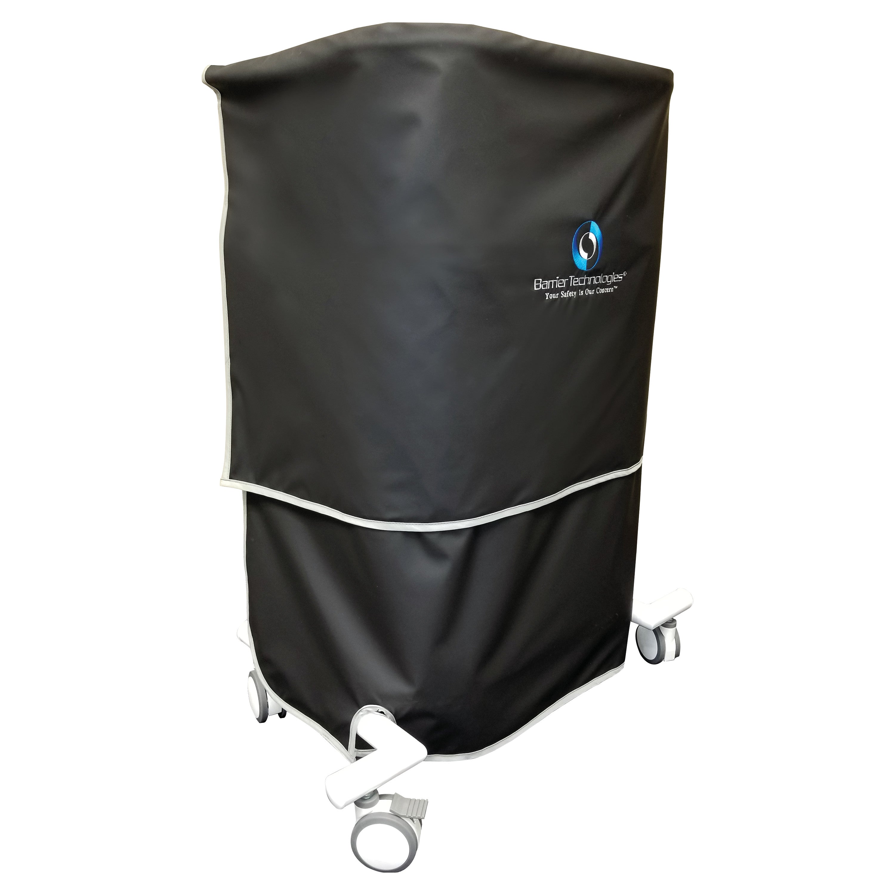 A black Barrier Technologies Terminator XR Mobile Shield with white trim, mounted on wheels for mobility.