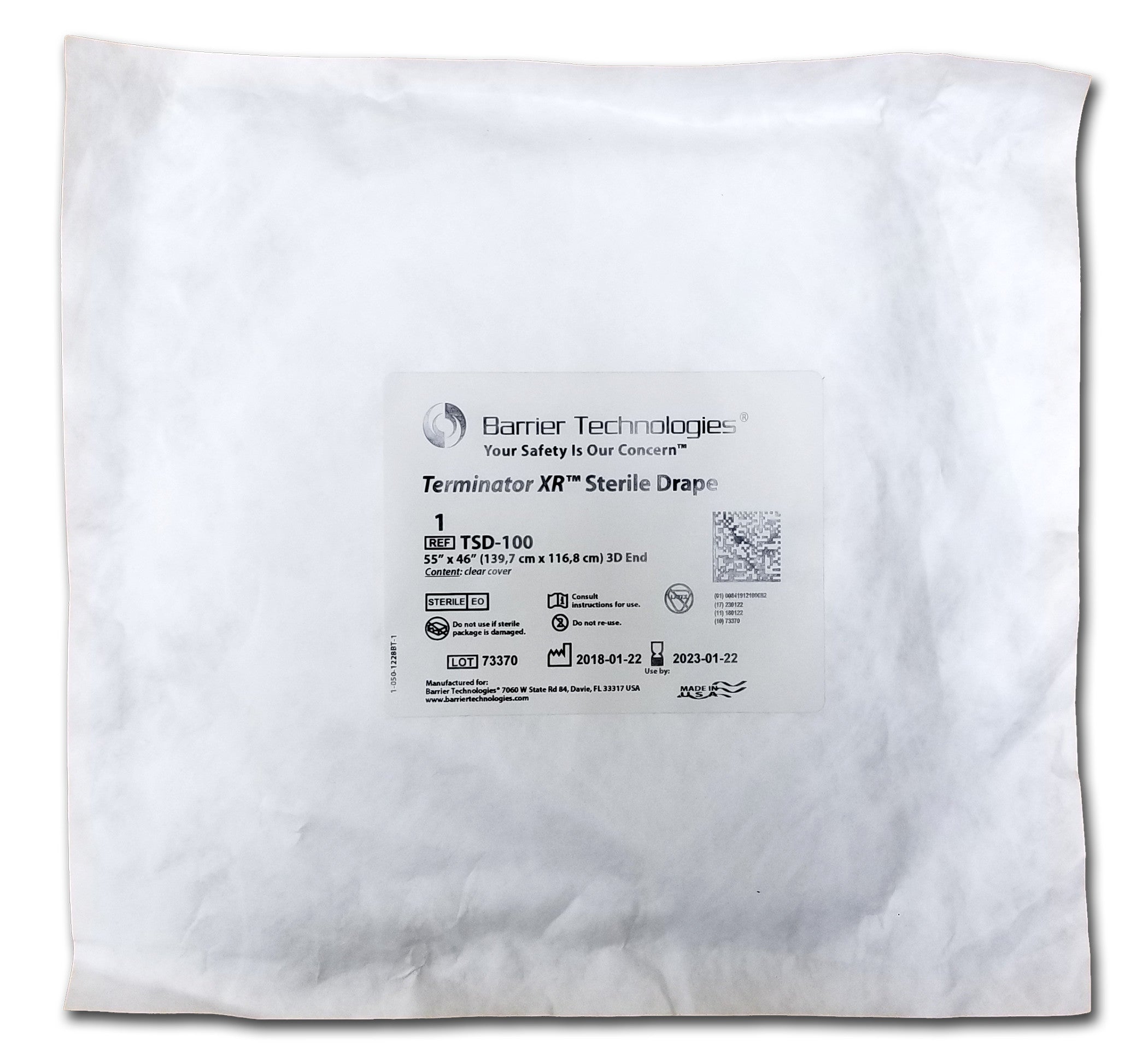 White package labeled "Sterile Drape for Barrier Technologies Terminator XR Mobile Shield," displaying product details and logos.