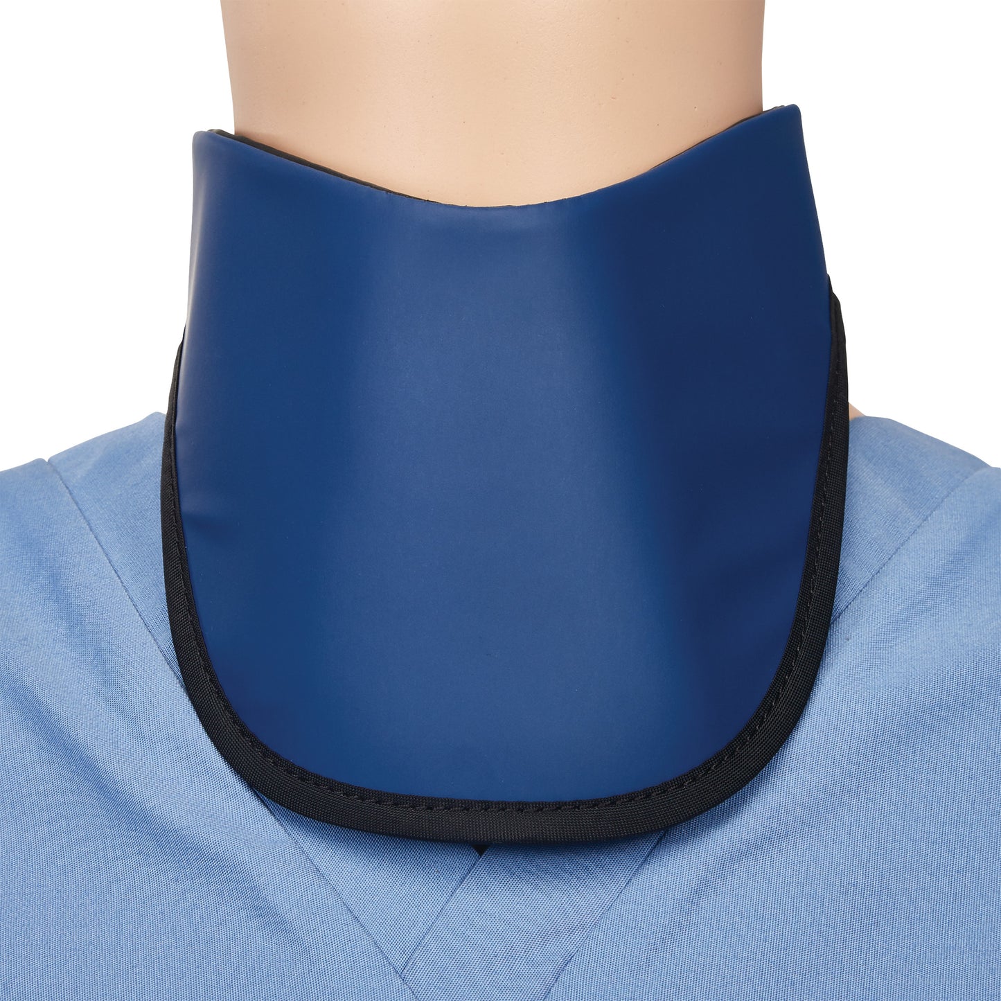 A person wears a blue AliMed Grab n Go Thyroid Shield over a light blue shirt, contouring the neck with a black trim.