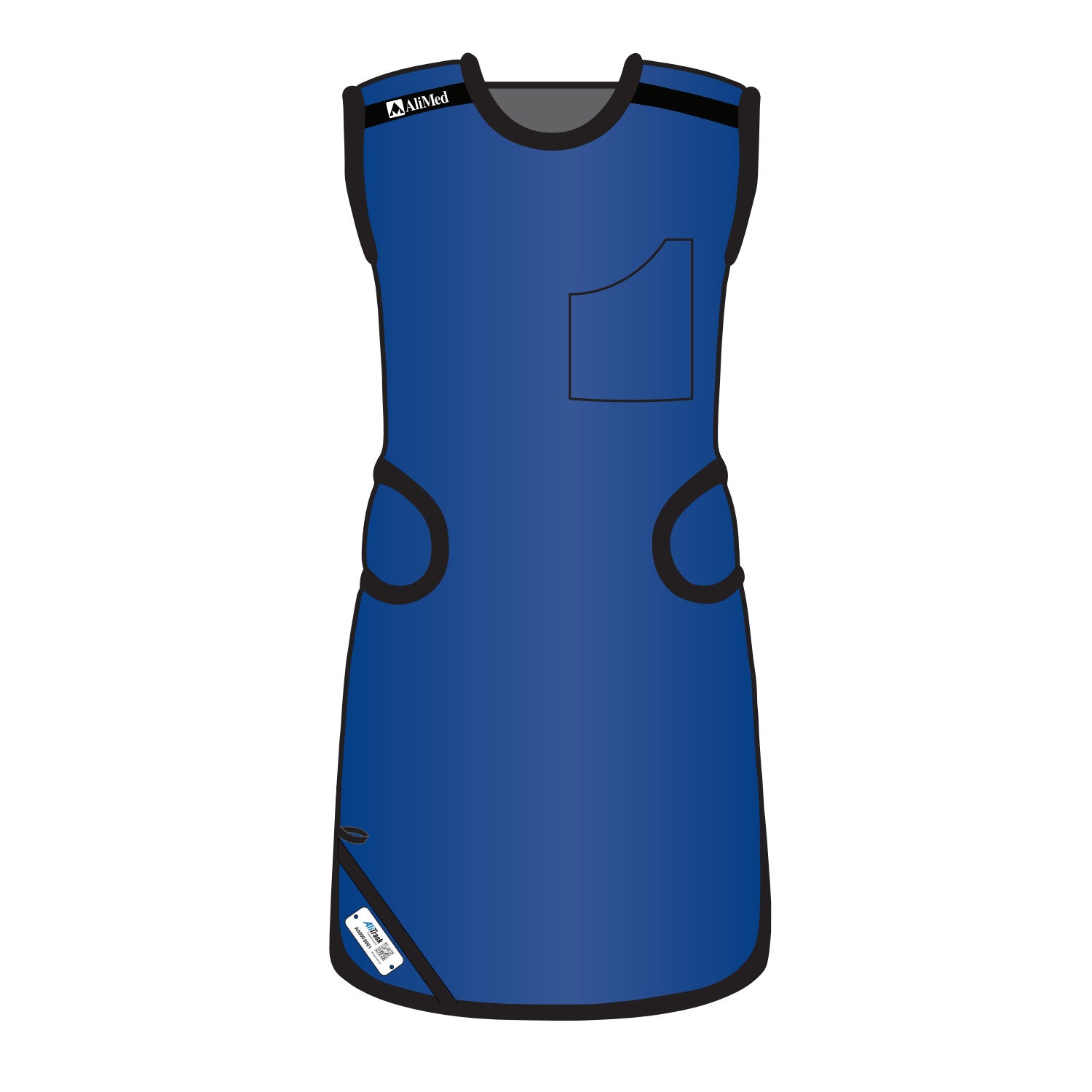 Blue apron with black trim and a pocket, labeled AliMed Grab n Go Flex Weight Reliever Apron, Female, featuring adjustable straps.