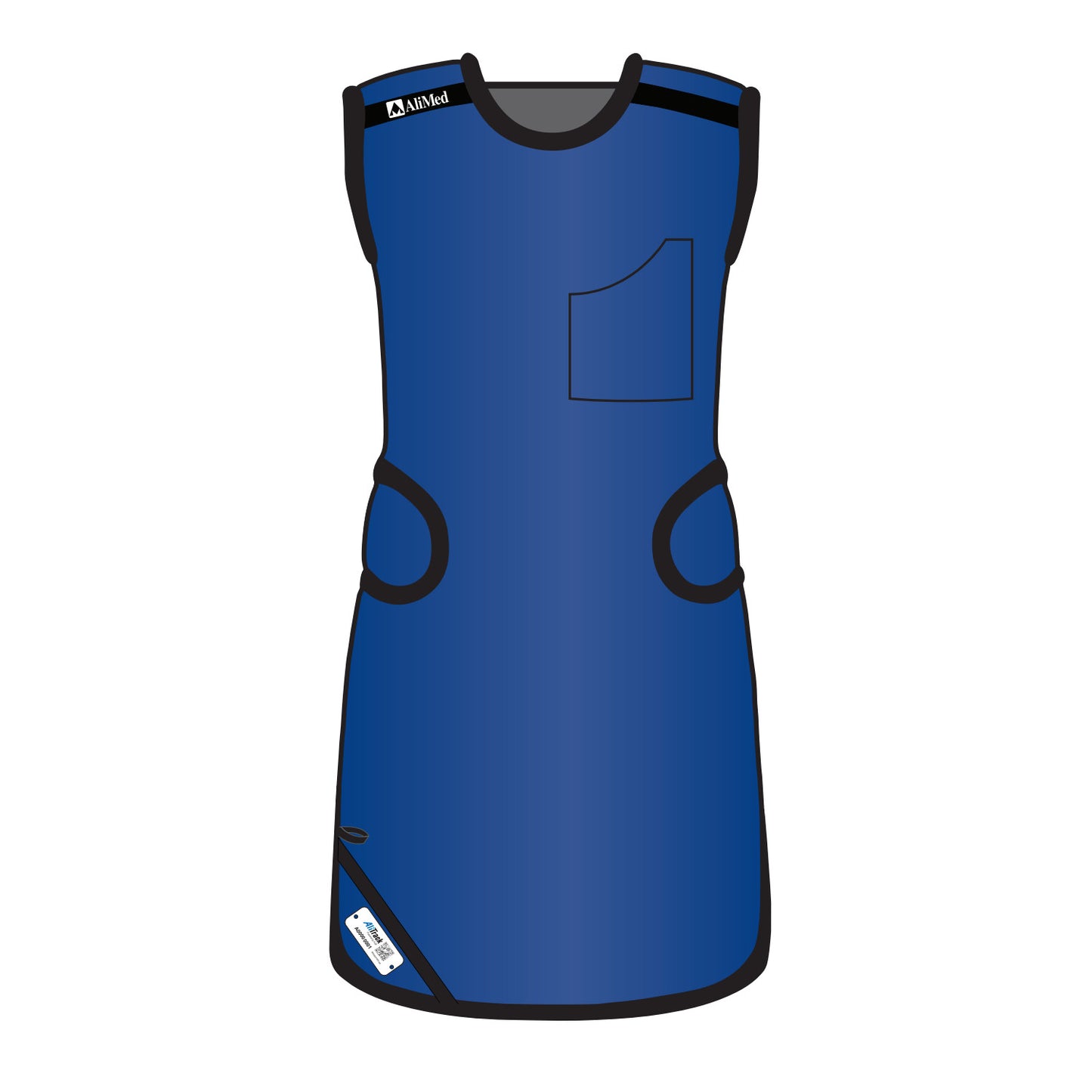 Blue apron with black trim and a pocket, labeled AliMed Grab n Go Flex Weight Reliever Apron, Female, featuring adjustable straps.