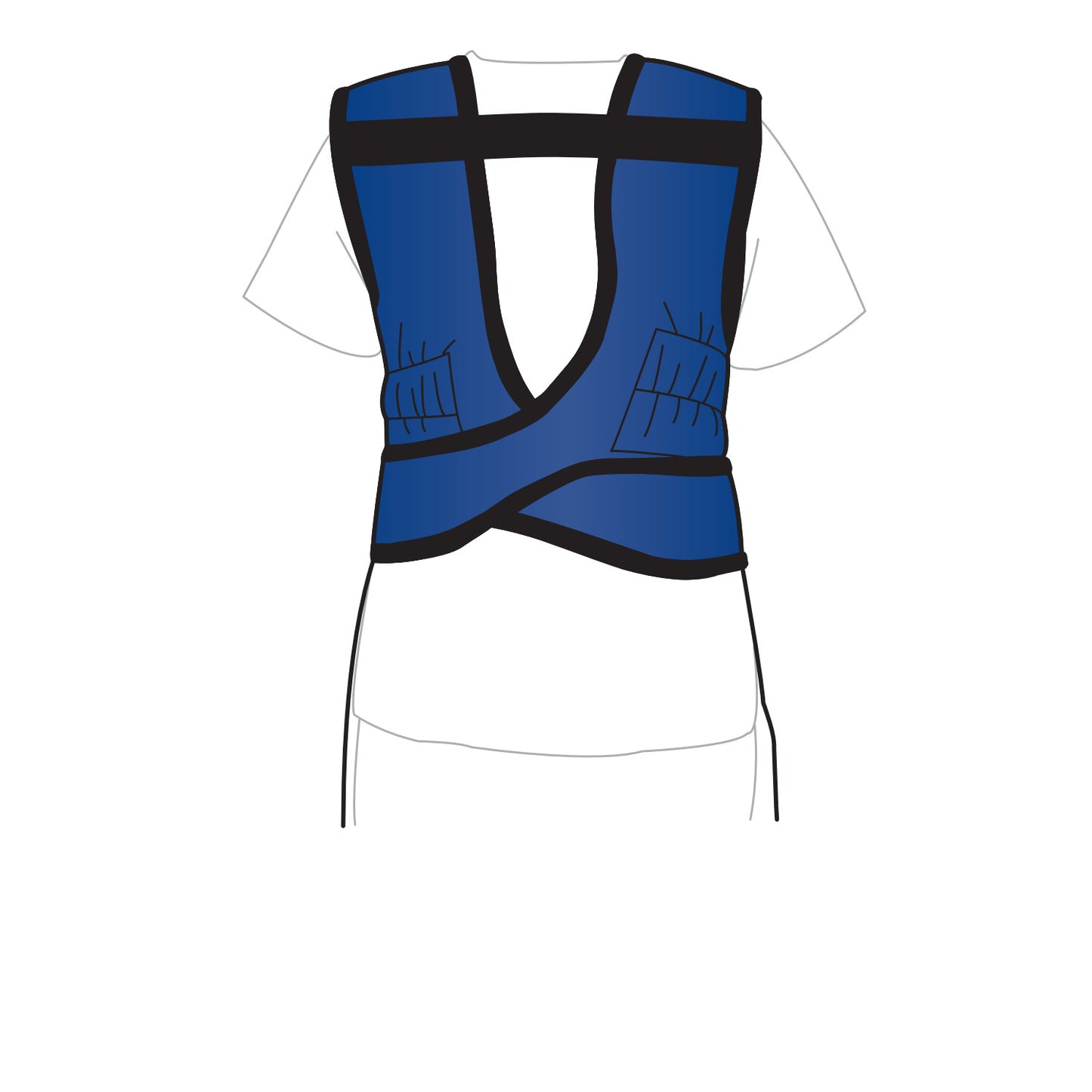 The AliMed Grab n Go Flex Weight Reliever Apron, Female is shown from the back, featuring a blue and black design worn over a white shirt.