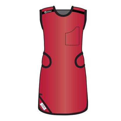 Red AliMed Grab n Go Flex Weight Reliever Apron, Female, with black trim and a pocket on the front.