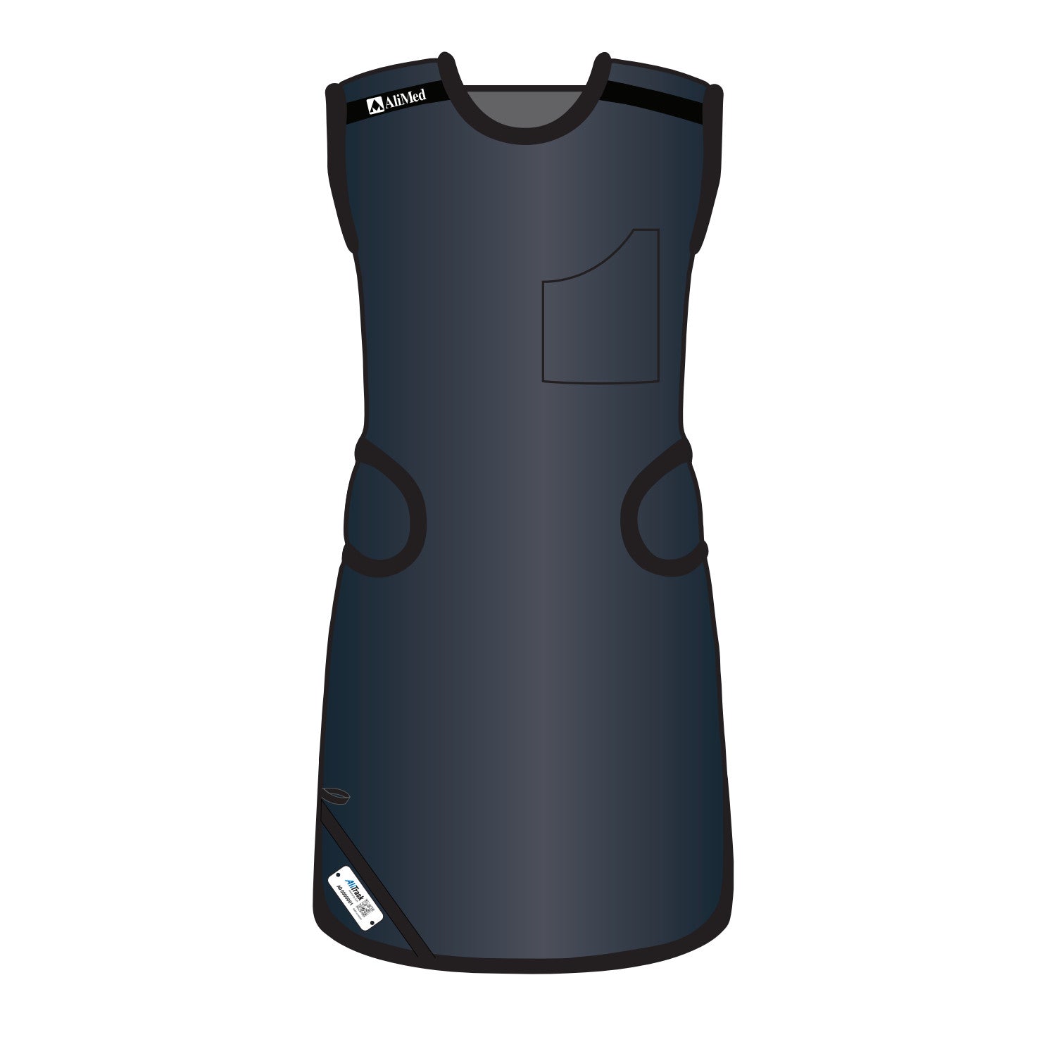 The AliMed Grab n Go Flex Weight Reliever Apron, Female, is a sleeveless, dark gray wrap-around apron with a front pocket and adjustable straps.