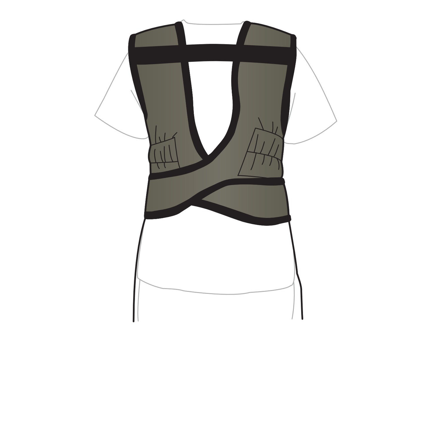 A person from behind wears an AliMed Grab n Go Flex Weight Reliever Apron, Female over a white shirt, featuring wide shoulder straps.