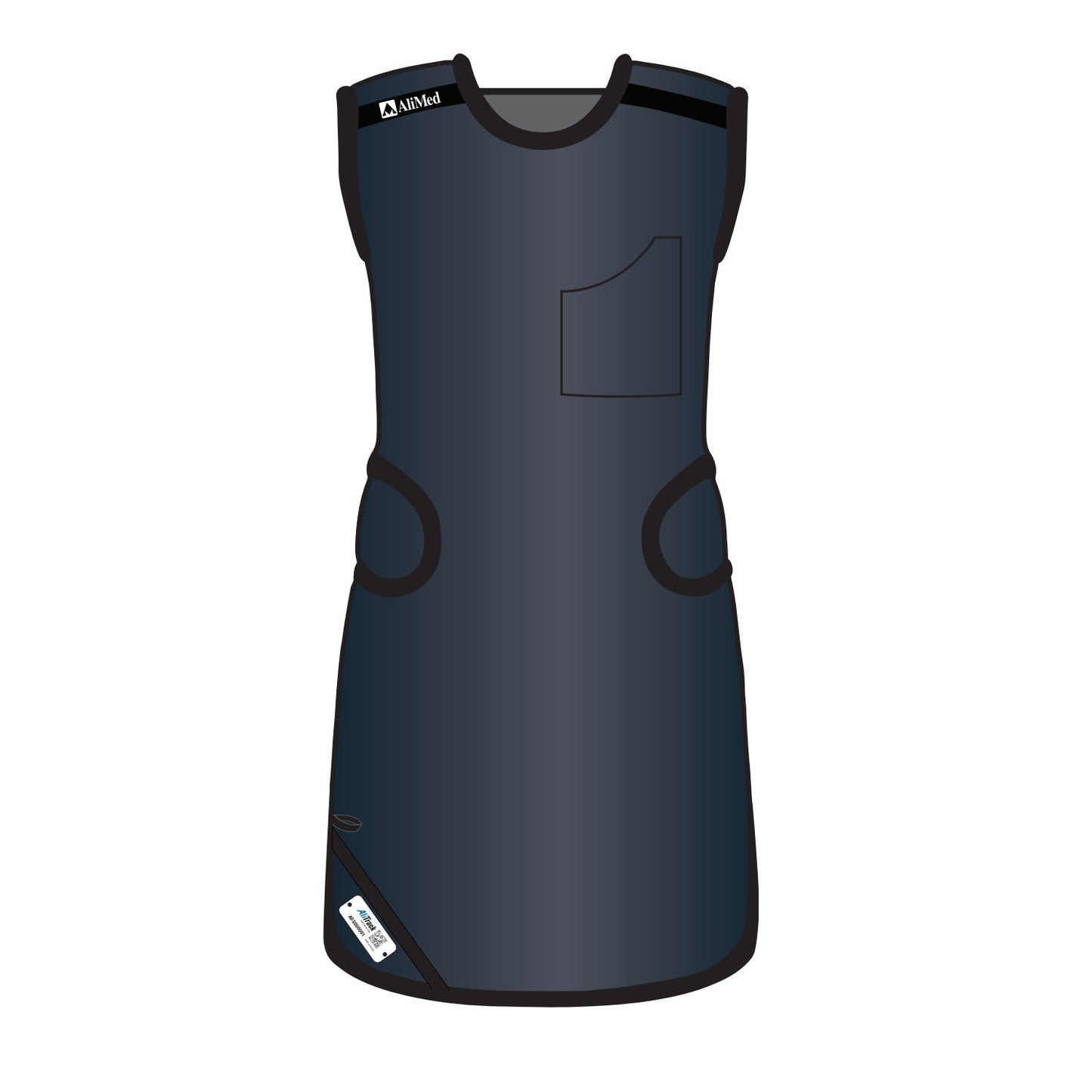 A dark blue AliMed Grab n Go Flex Weight Reliever Apron, Female, with a front pocket and side fasteners, designed for medical use.