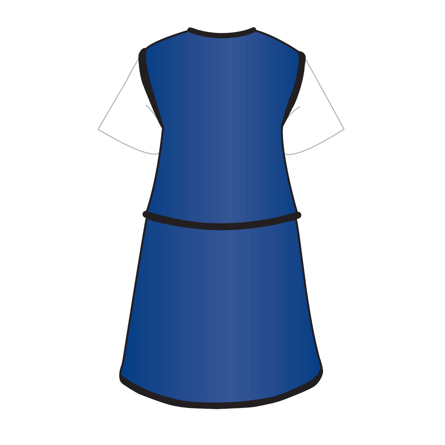 AliMed Grab n Go Vest and Kilt Set, Female, in blue with black trim, featuring a white undergarment, viewed from the back.