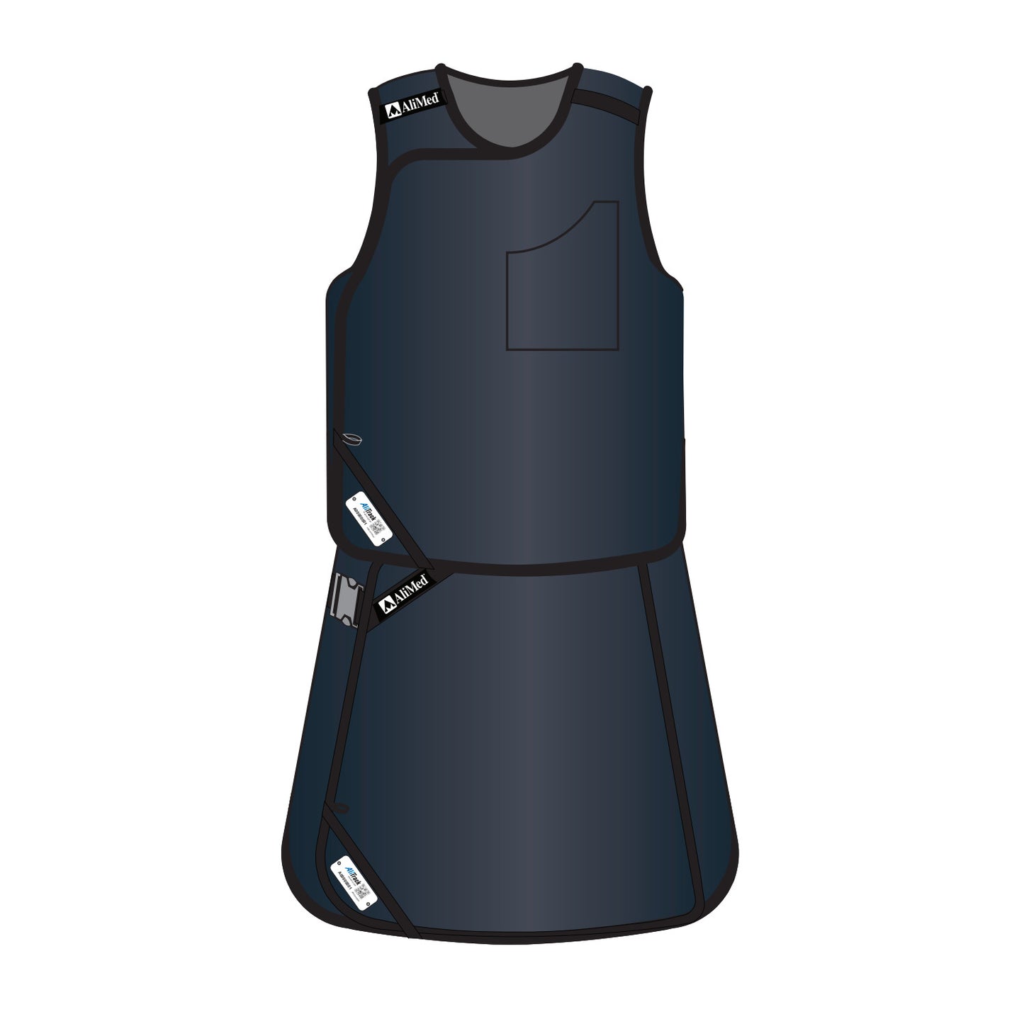 Illustration of the AliMed Grab n Go Vest and Kilt Set, Female, in dark blue with labeled pockets and adjustable straps.
