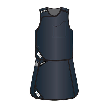 Illustration of the AliMed Grab n Go Vest and Kilt Set, Female, in dark blue with labeled pockets and adjustable straps.