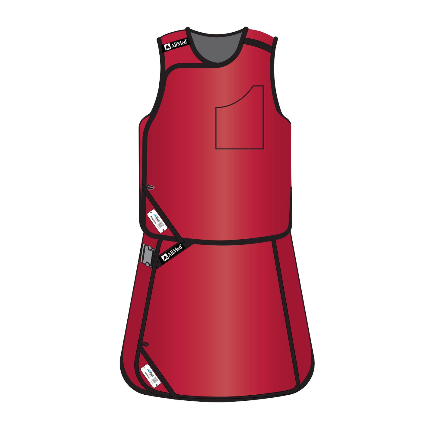 The AliMed Grab n Go Vest and Kilt Set, Male, is red with black trim, featuring a front pocket and adjustable side straps.