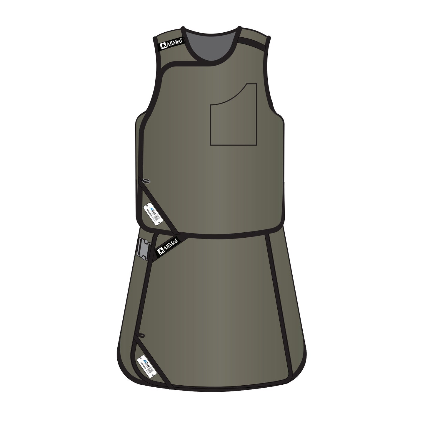 Illustration of the AliMed Grab n Go Vest and Kilt Set, Male, in gray with black trim and a front pocket.