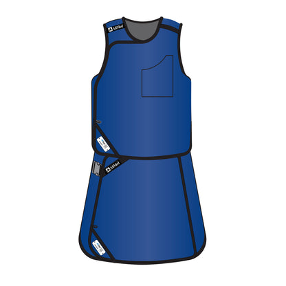 Blue AliMed Grab n Go Vest and Kilt Set, Female, with black trim and pocket on the vest, designed for medical use.