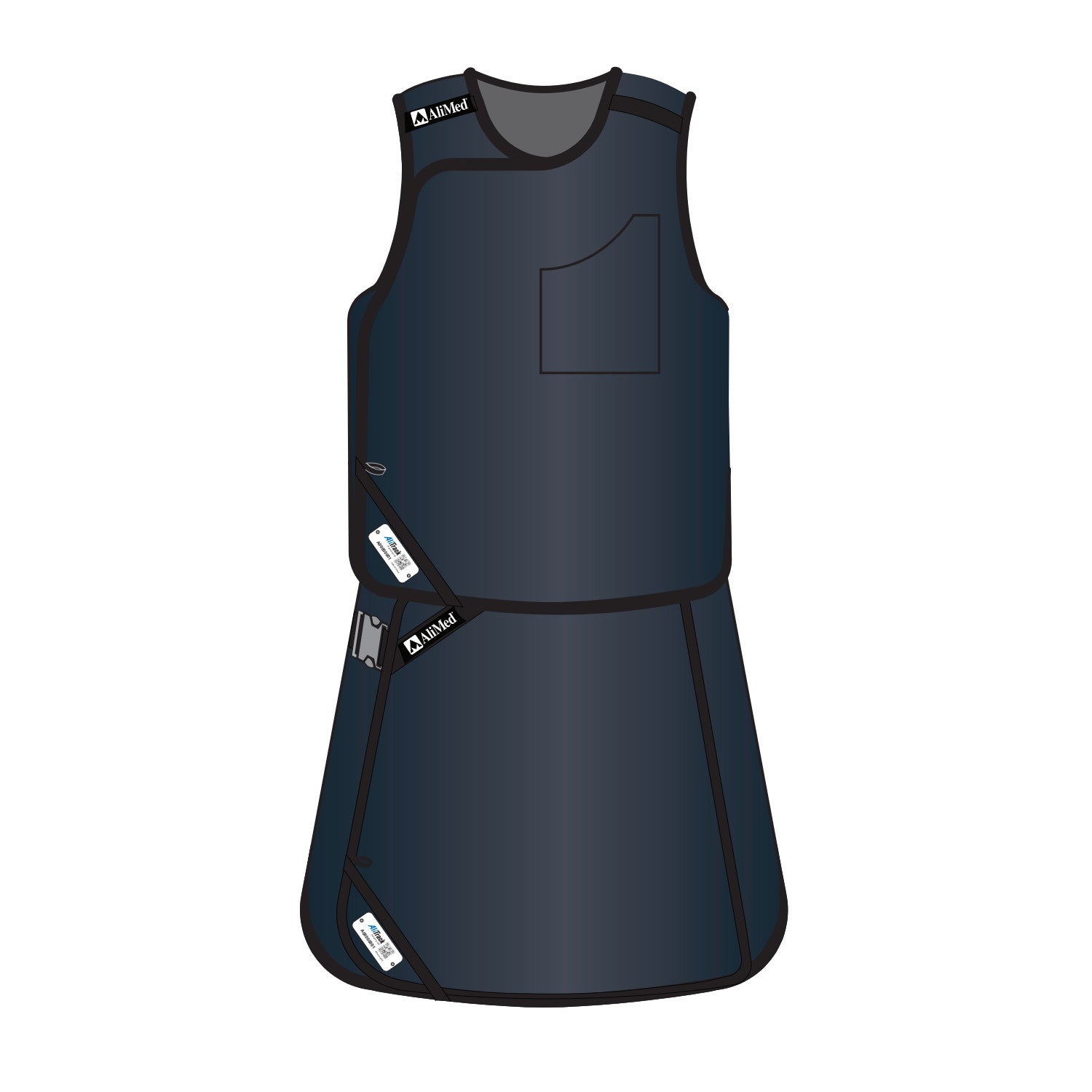 Illustration of the "AliMed Grab n Go Vest and Kilt Set, Male" in dark blue with a chest pocket and black trim, featuring labels.