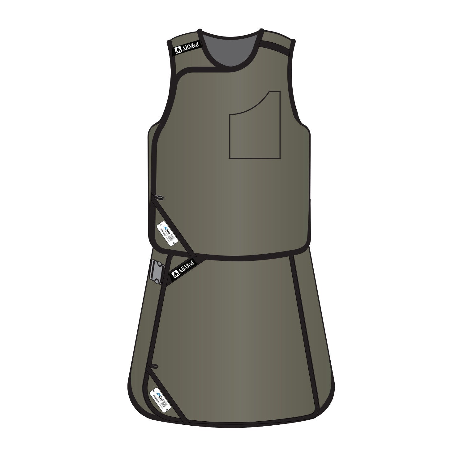 Illustration of the AliMed Grab n Go Vest and Kilt Set, Female, featuring a gray sleeveless vest with a pocket and matching kilt.